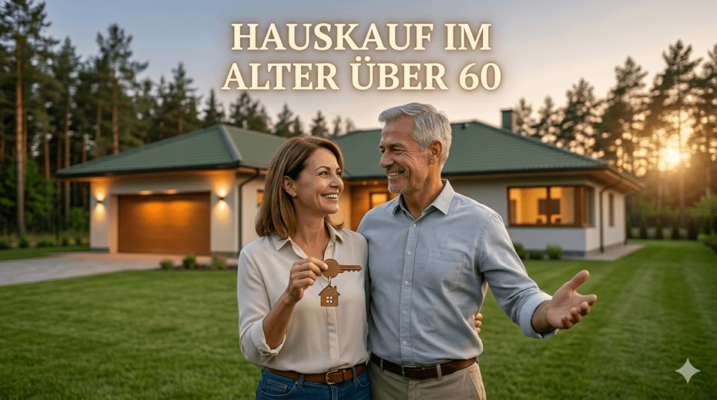 Ein glückliches älteres Paar steht lächelnd vor einem modernen, neu gebauten Bungalow im Grünen und hält einen Hausschlüssel in der Hand, passend zum Thema Hauskauf im Alter über 60.