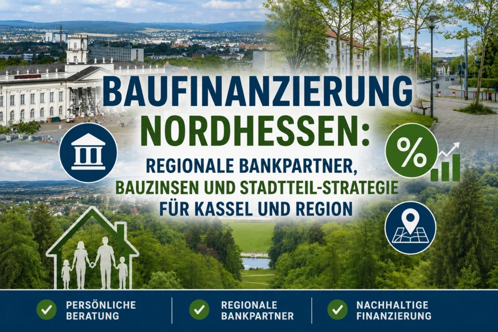 Collage aus Ansichten von Kassel und Nordhessen mit dem Titel „Baufinanzierung Nordhessen“. Das Bild zeigt regionale Bankpartner, Bauzinsen und Immobilienstrategien für Kassel und die Region mit Symbolen für Finanzierung, Beratung und Standortanalyse.