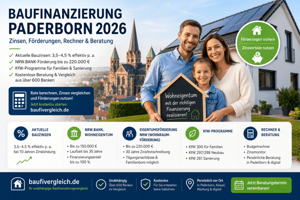 Baufinanzierung Paderborn – Familie vor Eigenheim mit Übersicht zu Zinsen, NRW.BANK- und KfW-Förderungen.