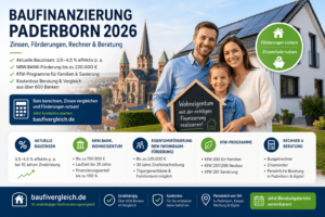 Baufinanzierung Paderborn – Familie vor Eigenheim mit Übersicht zu Zinsen, NRW.BANK- und KfW-Förderungen.