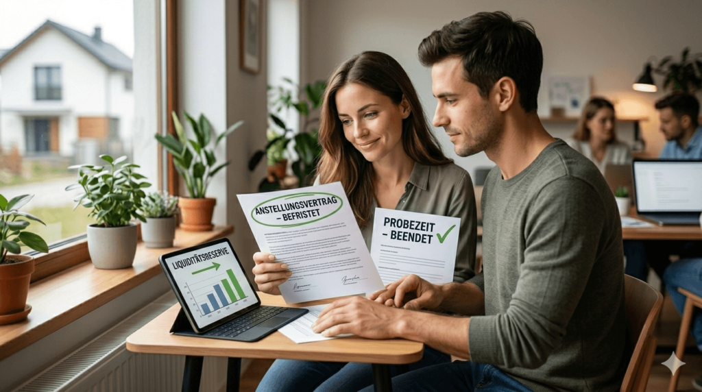 Ein glückliches Paar sitzt am Holztisch und schaut optimistisch auf ein Haus durch das Fenster, Symbole für Baufinanzierung in der Probezeit und mit befristetem Arbeitsvertrag.