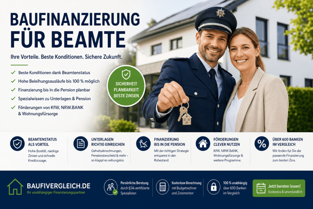 Baufinanzierung für Beamte – Beamter mit Partnerin vor Eigenheim, Hausschlüssel in der Hand, Vorteile im Überblick.