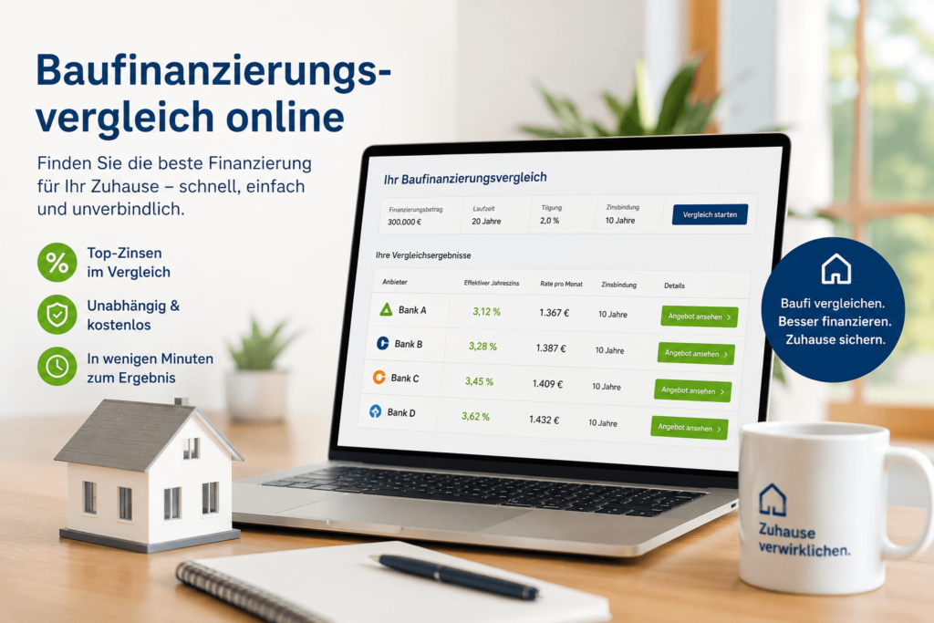 Laptop zeigt Baufinanzierungsvergleich online mit Zinsen, Monatsraten und Angeboten von vier Banken im direkten Vergleich.