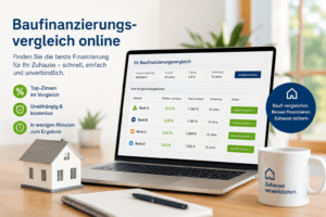 Laptop zeigt Baufinanzierungsvergleich online mit Zinsen, Monatsraten und Angeboten von vier Banken im direkten Vergleich.