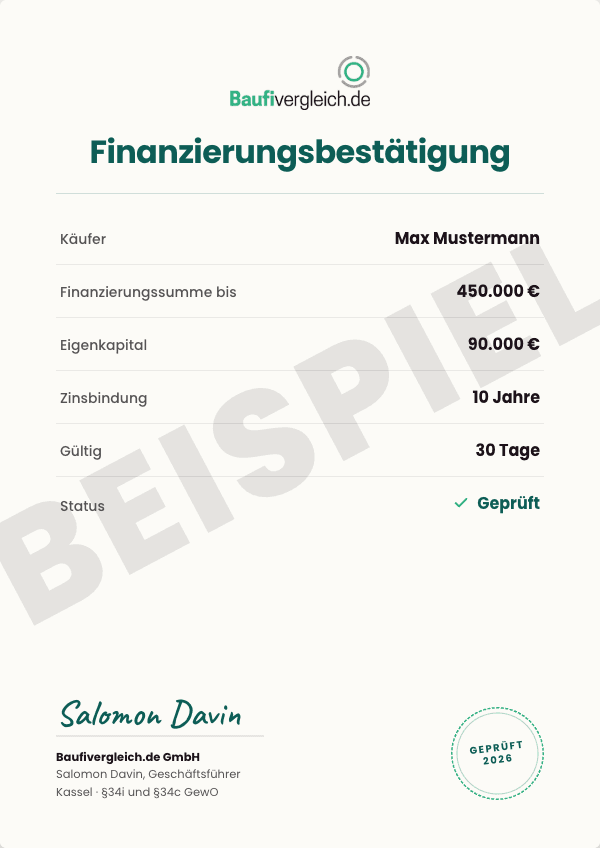 Beispiel einer Finanzierungsbest&auml;tigung von Baufivergleich