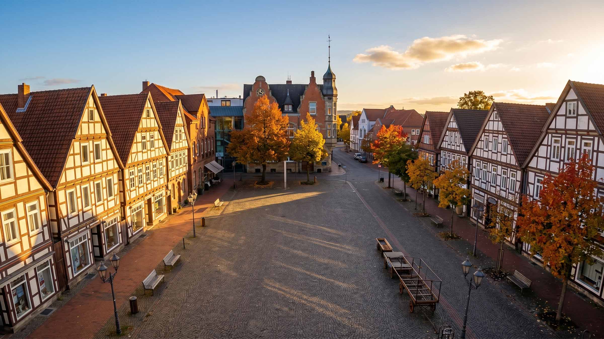 Häuser in Hessisch Oldendorf mit Weserbergland im Hintergrund, Standort von Baufivergleich.de
