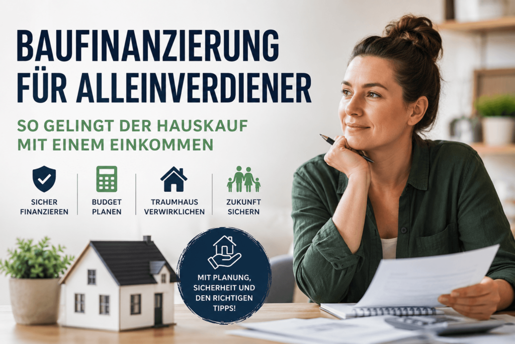 Frau prüft Unterlagen zur Baufinanzierung für Alleinverdiener mit Hausmodell auf dem Tisch