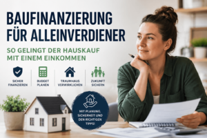 Frau prüft Unterlagen zur Baufinanzierung für Alleinverdiener mit Hausmodell auf dem Tisch