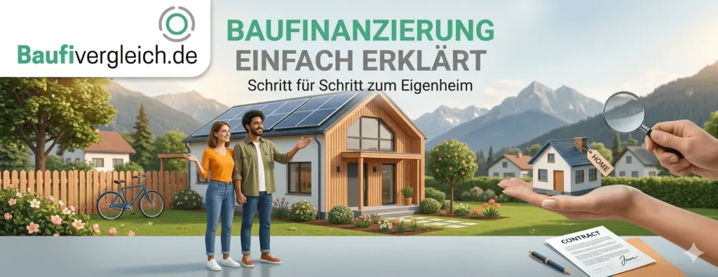 Paar vor neuem Einfamilienhaus mit Photovoltaik, Titel Baufinanzierung einfach erklärt von Baufivergleich.de