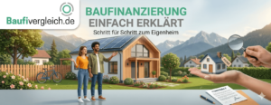 Paar vor neuem Einfamilienhaus mit Photovoltaik, Titel Baufinanzierung einfach erklärt von Baufivergleich.de