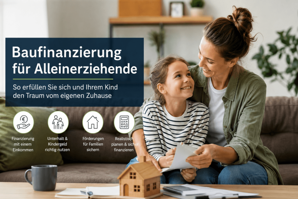 Alleinerziehende Mutter sitzt mit ihrer Tochter im Wohnzimmer und plant die Finanzierung eines Eigenheims. Vor ihnen liegen Unterlagen und ein Modellhaus als Symbol für die Baufinanzierung.