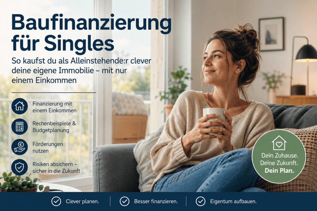 Alleinstehende Frau sitzt entspannt in ihrer Eigentumswohnung und informiert sich über die Baufinanzierung für Singles mit nur einem Einkommen.
