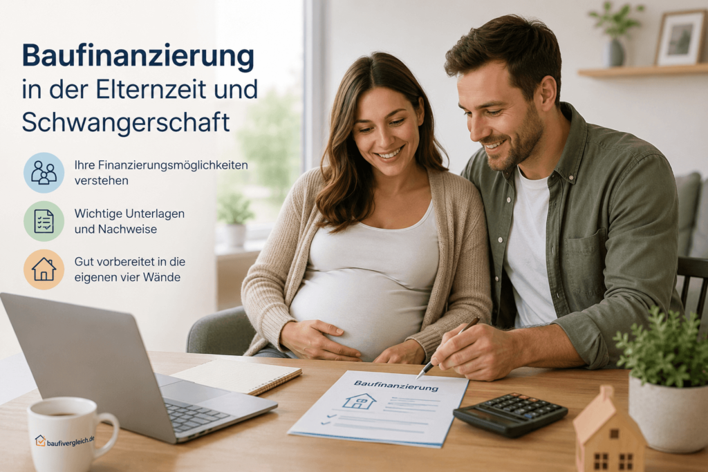 Schwangere Frau und Mann sitzen lächelnd am Tisch mit Laptop, Taschenrechner und Finanzierungsunterlagen und planen ihre Baufinanzierung in der Elternzeit und Schwangerschaft