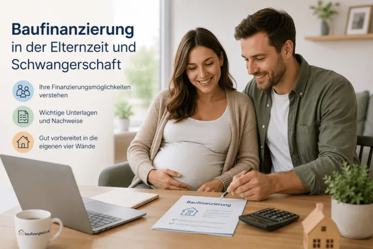 Schwangere Frau und Mann sitzen lächelnd am Tisch mit Laptop, Taschenrechner und Finanzierungsunterlagen und planen ihre Baufinanzierung in der Elternzeit und Schwangerschaft