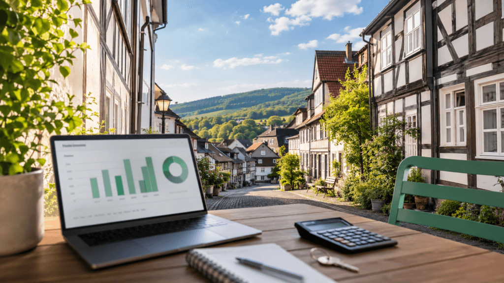 Historische Fachwerk-Altstadt von Warburg als Kulisse für eine Immobilie als Kapitalanlage, im Vordergrund Laptop mit Renditerechner und Taschenrechner für die Immobilienfinanzierung