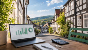 Historische Fachwerk-Altstadt von Warburg als Kulisse für eine Immobilie als Kapitalanlage, im Vordergrund Laptop mit Renditerechner und Taschenrechner für die Immobilienfinanzierung