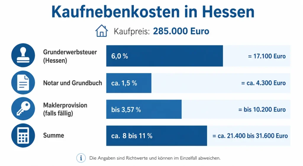 Infografik der Kaufnebenkosten in Hessen: Grunderwerbsteuer 6 Prozent, Notar und Grundbuch, Maklerprovision und Gesamtsumme