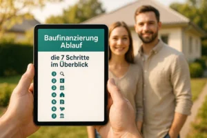 Baufinanzierung Ablauf: Hände halten ein Tablet, das den Titel „Baufinanzierung Ablauf: die 7 Schritte im Überblick" und die sieben nummerierten Schritte mit Symbolen zeigt; im unscharfen Hintergrund ein Paar vor seinem neuen Haus