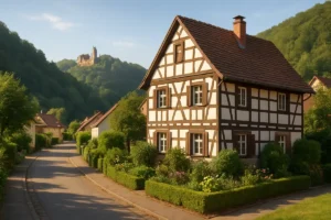 Fachwerkhaus in Adelebsen im Schwülmetal mit Burg Adelebsen als Symbol für die Baufinanzierung