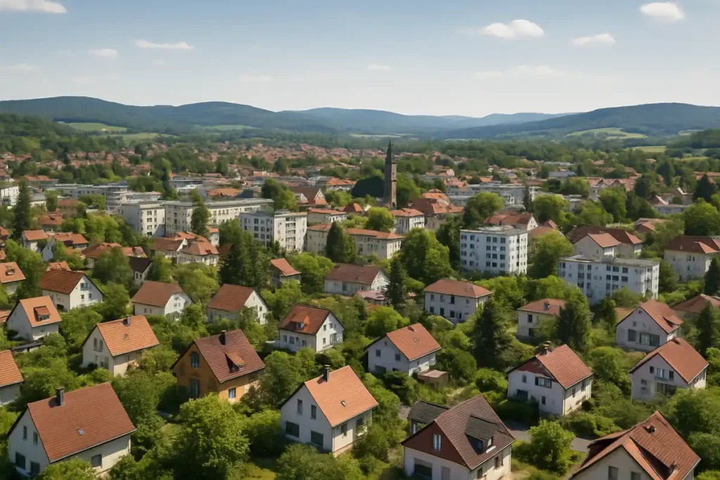 Panoramablick über Baunatal bei Kassel mit Wohngebieten als Symbol für die Baufinanzierung vor Ort