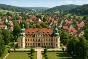 Ortsansicht von Calden mit Schloss Wilhelmsthal und Wohnhäusern als Symbol für die Baufinanzierung