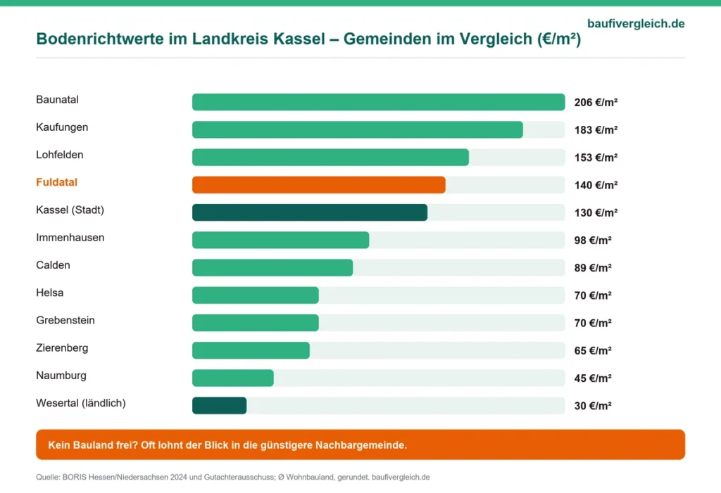Infografik zu durchschnittlichen Bodenrichtwerten in Fuldatal und dem Landkreis Kassel im Vergleich