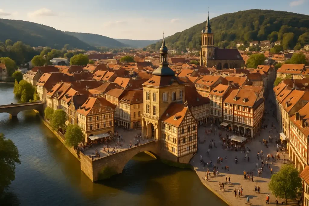 Stadtpanorama von Göttingen mit Altem Rathaus und Fachwerk-Altstadt als Symbol für die Baufinanzierung