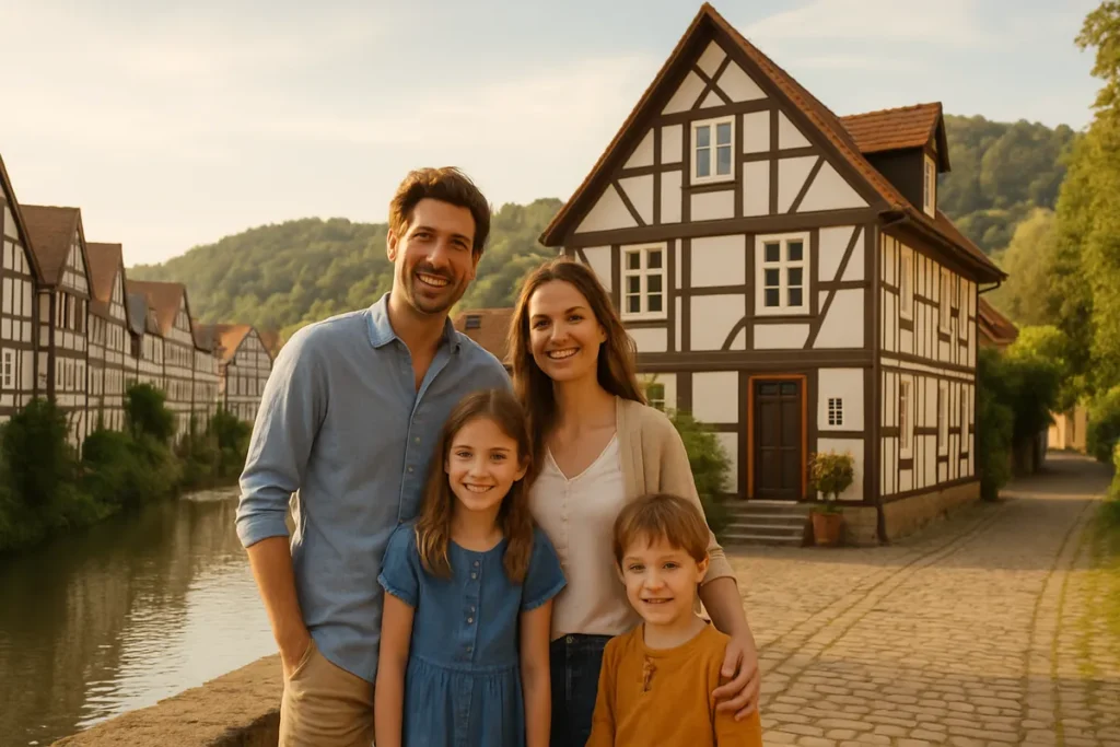 Junge Familie vor ihrem Haus in Hann. Münden als Symbol für die Baufinanzierung in der Fachwerkstadt