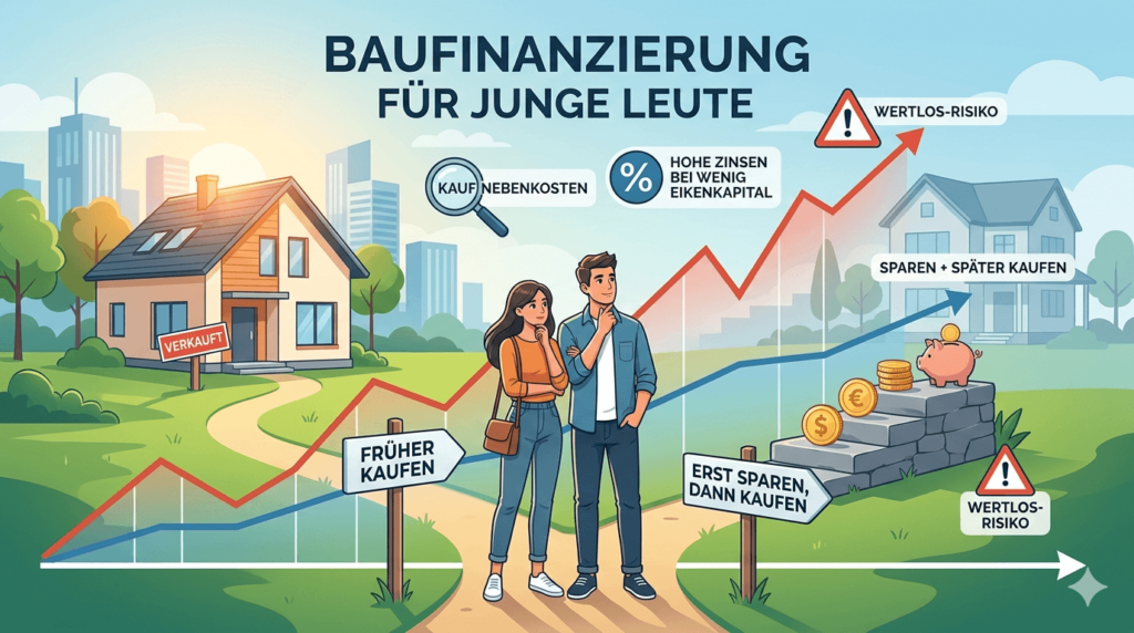 Infografik zur Baufinanzierung für junge Leute mit einem Paar am Scheideweg zwischen „Früher Kaufen“ und „Erst sparen, dann kaufen“, umgeben von steigenden Preiskurven und Finanzsymbolen.