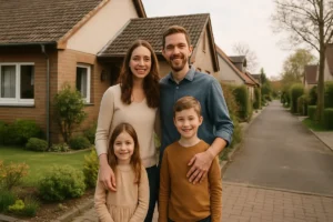 Junge Familie vor ihrem Einfamilienhaus in Lohfelden bei Kassel als Symbol für die Baufinanzierung