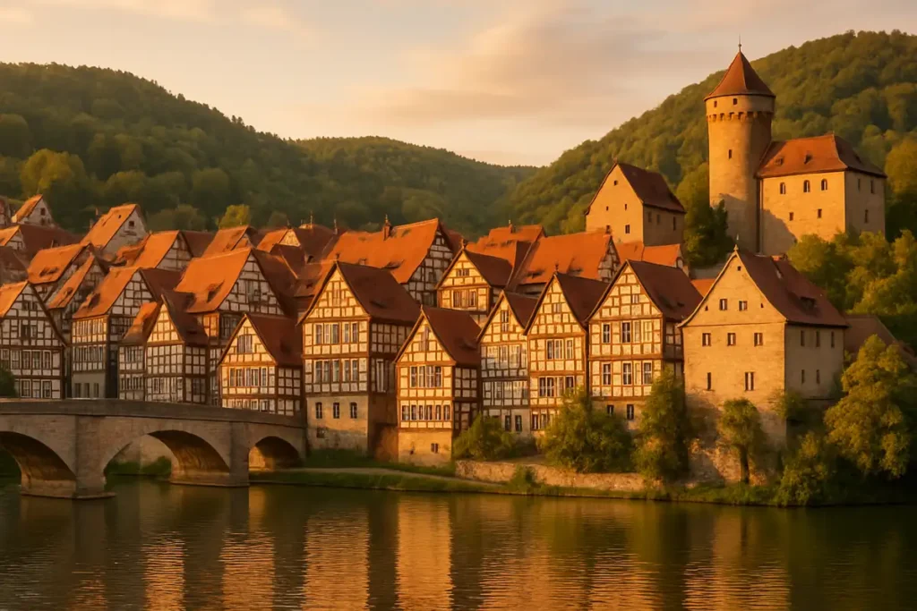 Panorama der Fachwerk-Altstadt von Rotenburg an der Fulda mit Schloss und Fluss als Symbol für die Baufinanzierung