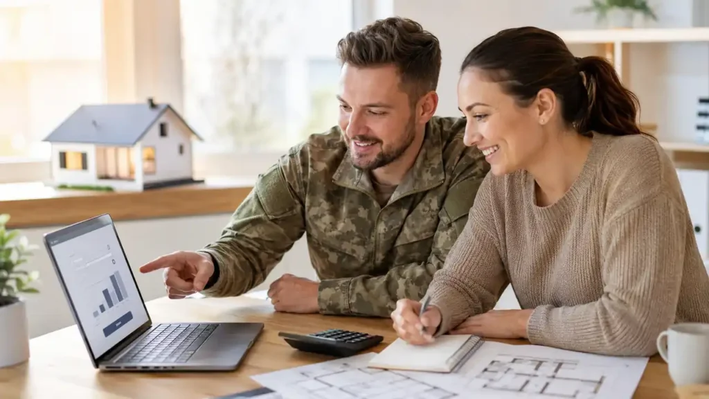 Soldatin oder Soldat der Bundeswehr plant zu Hause gemeinsam mit dem Partner am Laptop die Baufinanzierung für das eigene Haus
