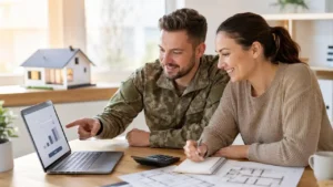 Soldatin oder Soldat der Bundeswehr plant zu Hause gemeinsam mit dem Partner am Laptop die Baufinanzierung für das eigene Haus