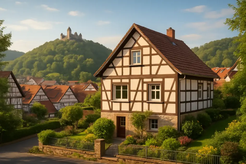 Freistehendes Einfamilienhaus in Spangenberg unterhalb des Schlosses als Symbol für die Baufinanzierung