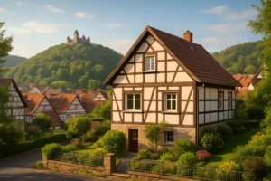 Freistehendes Einfamilienhaus in Spangenberg unterhalb des Schlosses als Symbol für die Baufinanzierung