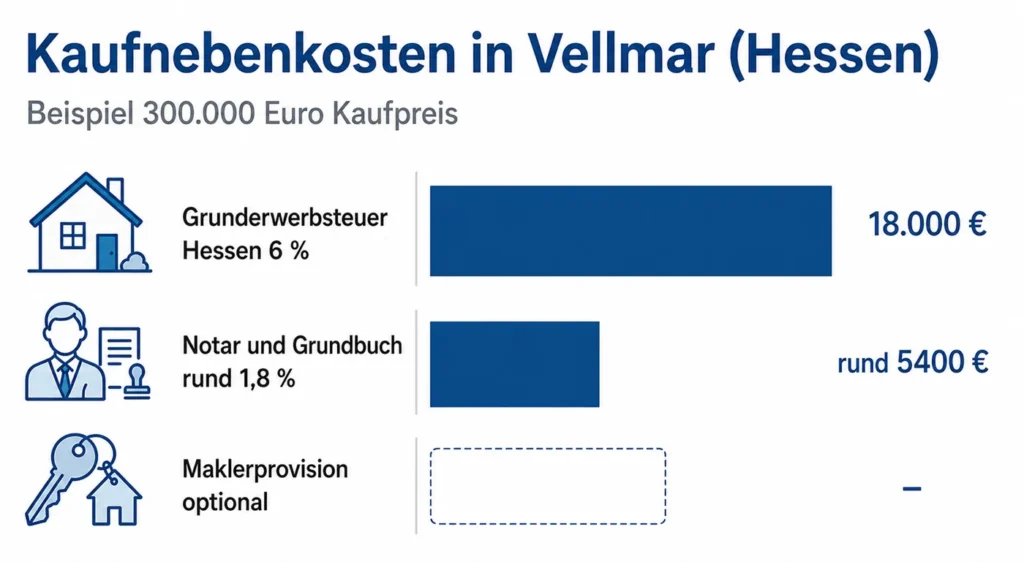Infografik Kaufnebenkosten beim Baufinanzierung Vellmar: 6 Prozent Grunderwerbsteuer Hessen sowie Notar und Grundbuch bei 300.000 Euro Kaufpreis
