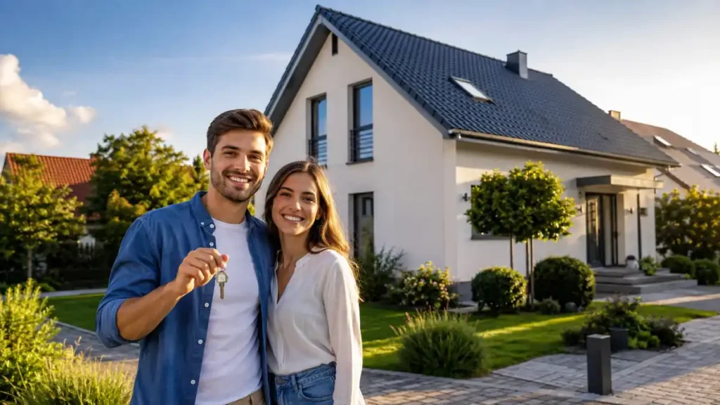 Junges Paar mit Hausschlüssel vor modernem Einfamilienhaus in Vellmar bei Kassel