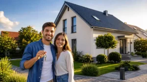 Junges Paar mit Hausschlüssel vor modernem Einfamilienhaus in Vellmar bei Kassel