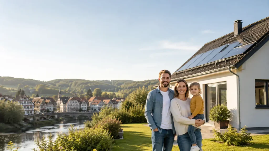 Junge Familie vor ihrem Einfamilienhaus in Eschwege im Werra-Meißner-Kreis, finanziert über eine Baufinanzierung