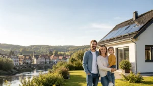 Junge Familie vor ihrem Einfamilienhaus in Eschwege im Werra-Meißner-Kreis, finanziert über eine Baufinanzierung