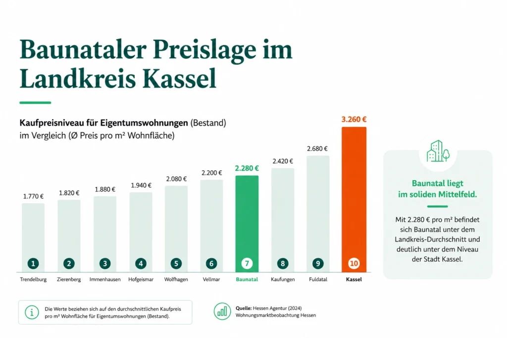 Infografik der Immobilienpreise und Bodenrichtwerte in Baunatal im Vergleich zum Landkreis Kassel