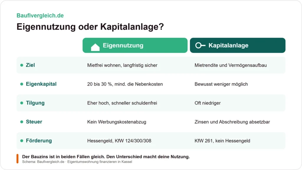 Schema vergleicht Eigennutzung und Kapitalanlage bei der Finanzierung einer Eigentumswohnung nach Ziel, Eigenkapital, Tilgung, Steuer und Förderung