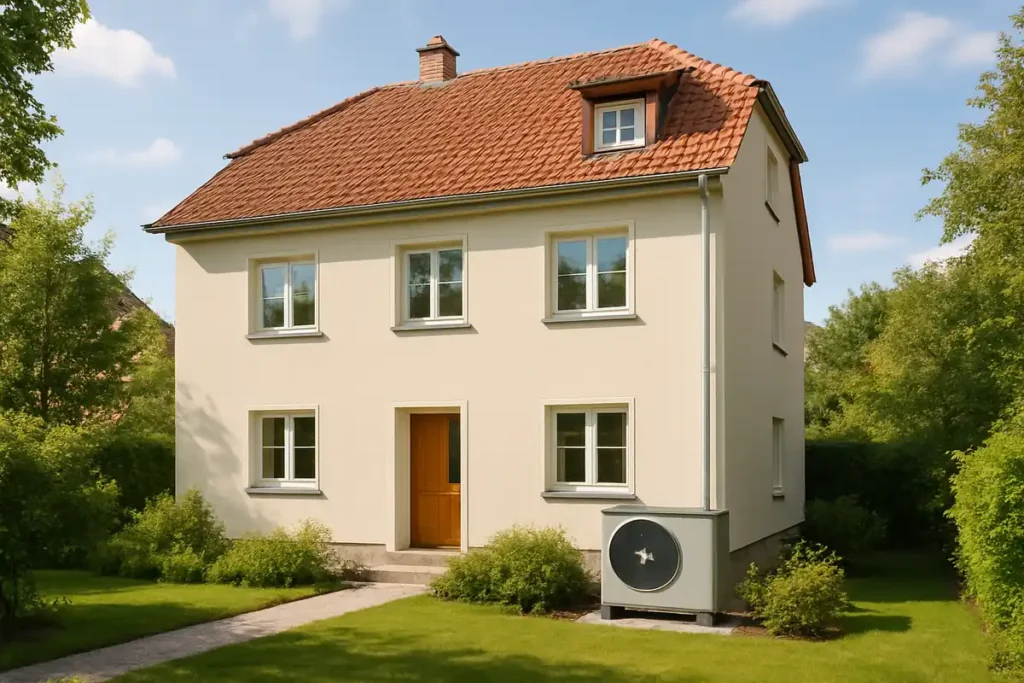 Frisch saniertes Altbauhaus mit gedämmter Fassade, neuen Fenstern und Wärmepumpe im Vorgarten, Beispiel für die staatliche Förderung der Altbausanierung 2026