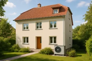 Frisch saniertes Altbauhaus mit gedämmter Fassade, neuen Fenstern und Wärmepumpe im Vorgarten, Beispiel für die staatliche Förderung der Altbausanierung 2026