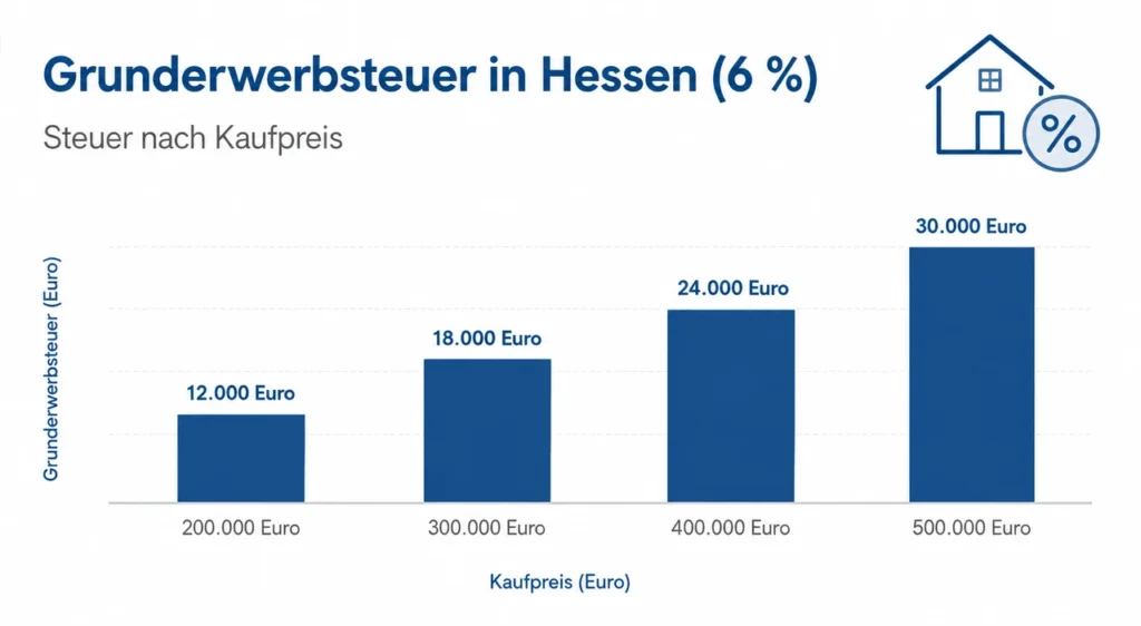 Balkendiagramm der Grunderwerbsteuer in Hessen bei 6 Prozent: 200.000 bis 500.000 Euro Kaufpreis ergeben 12.000 bis 30.000 Euro Steuer