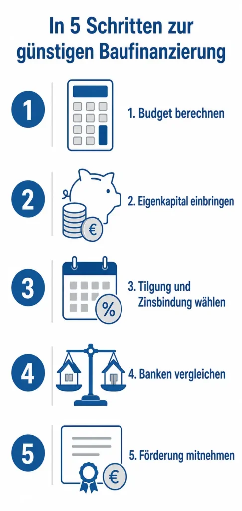 Infografik mit fünf Schritten zur günstigen Baufinanzierung: Budget, Eigenkapital, Tilgung und Zinsbindung, Bankenvergleich und Förderung