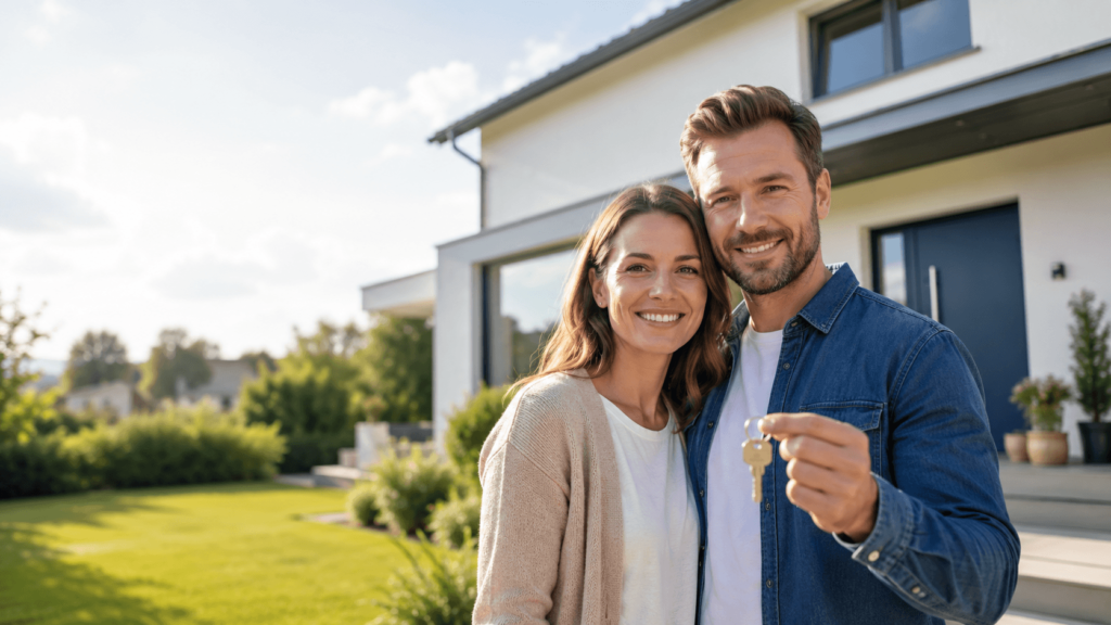 Junges Paar erhält den Schlüssel für sein neues Einfamilienhaus beim Hauskauf