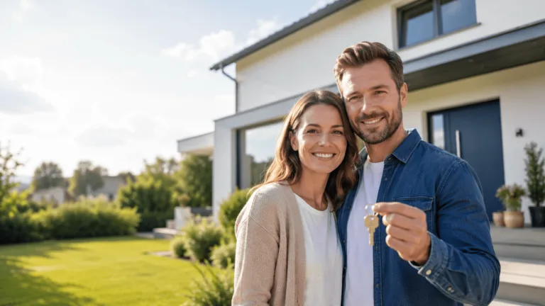 Junges Paar erhält den Schlüssel für sein neues Einfamilienhaus beim Hauskauf