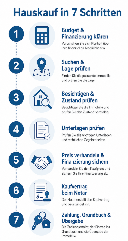 Infografik mit den sieben Schritten beim Hauskauf Checkliste von der Finanzierung bis zur Schlüsselübergabe