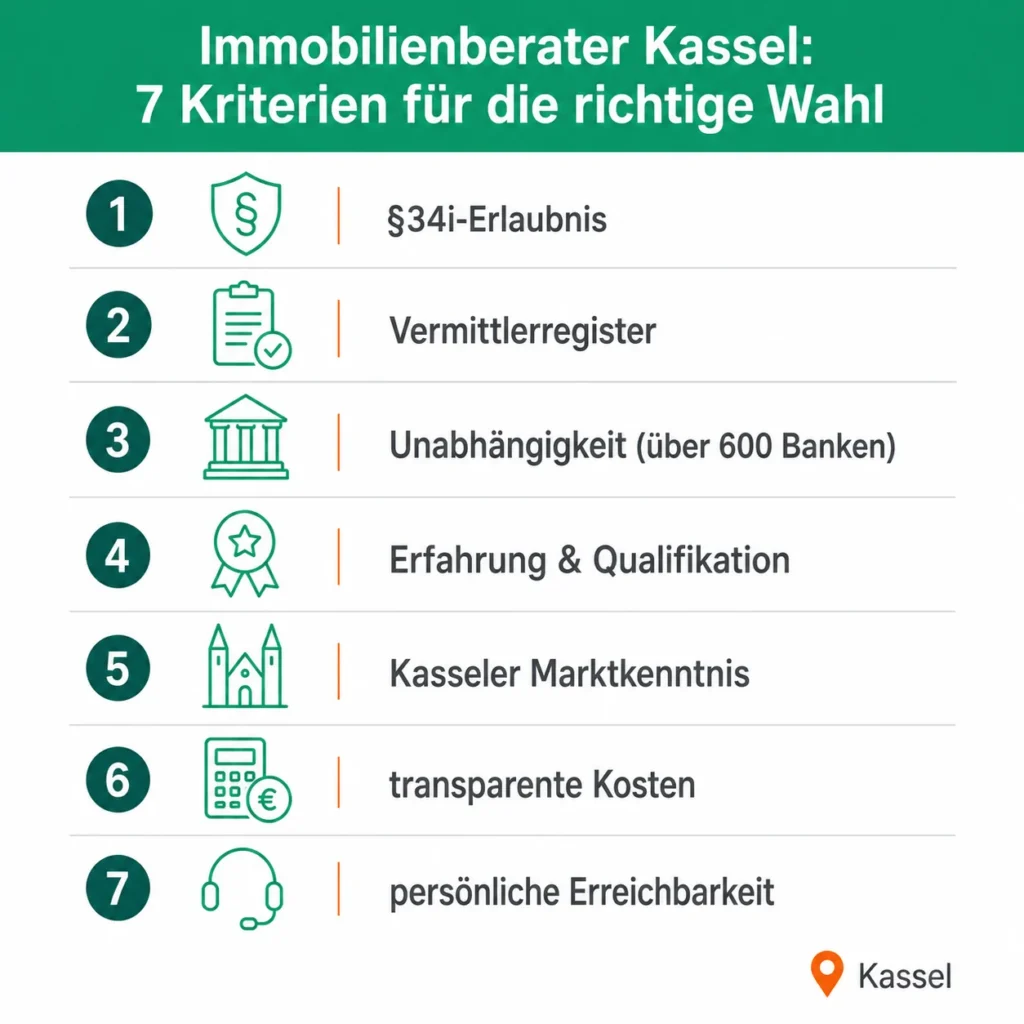 Infografik mit sieben Kriterien für die Auswahl eines seriösen Immobilienberaters in Kassel, von der §34i-Erlaubnis bis zur persönlichen Erreichbarkeit